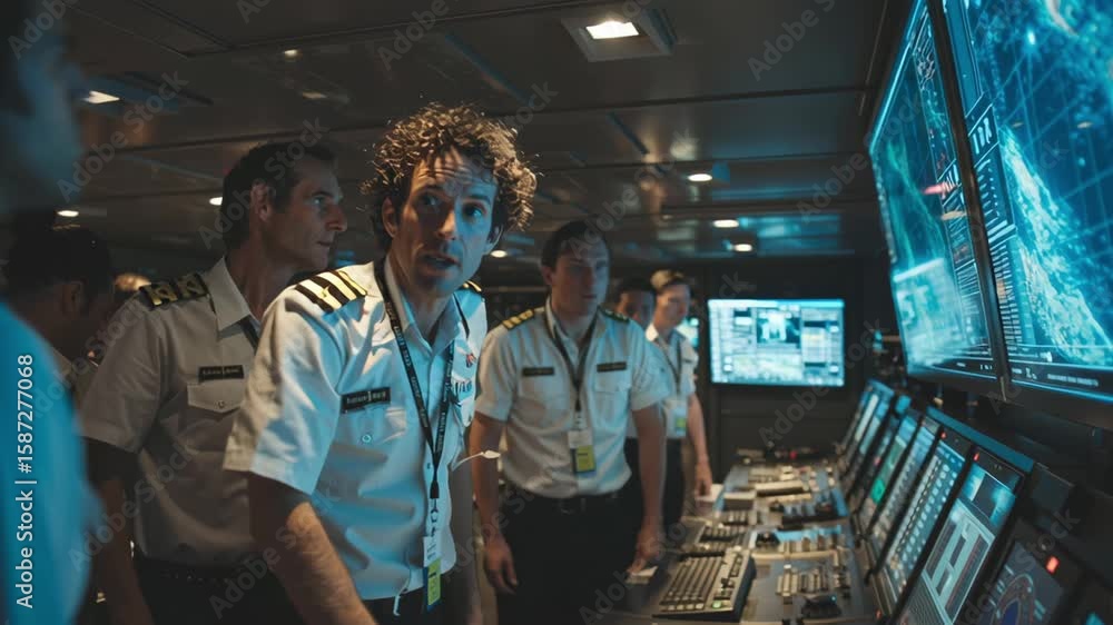 Poster naval officers intensely monitor and analyze complex data on high tech screens in a dimly lit contro