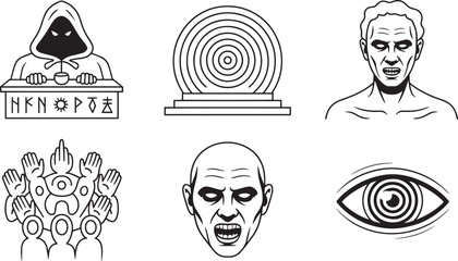 Halloween Line Art Icon Collection with Hooded Figure Spiral Pedestal Zombie Cult Vampire and Eye