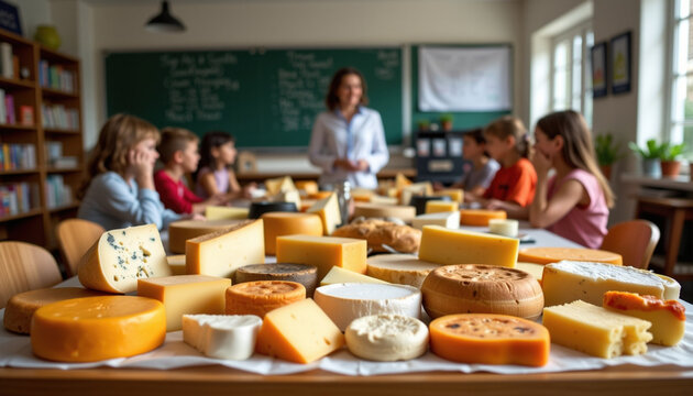 Diverse assortment of cheeses displayed on table in classroom setting, with children engaged in learning experience