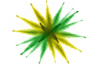 Explosion of green and yellow powder forming a starburst pattern isolated on transparent background