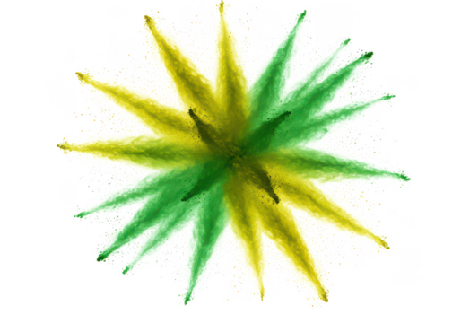 Explosion of green and yellow powder forming a starburst pattern isolated on transparent background