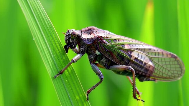 A detailed closeup shows a large colorful cicada clinging to a vibrant green blade of grass in a lush natural setting