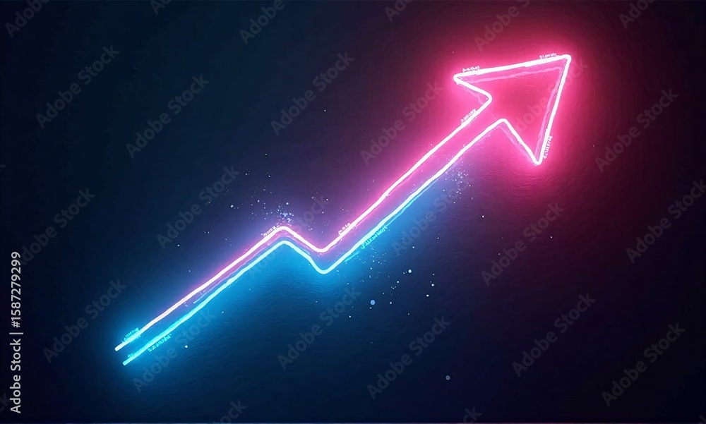 Poster a vibrant neon arrow ascends, symbolizing growth and progress. its pink and blue glow contrasts agai