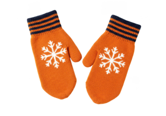 Pair of orange knitted mittens with white snowflakes and blue stripes isolated on transparent background