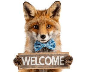 Fox with bowtie holding welcome sign
