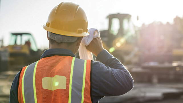Heat stroke. Construction worker safety vest hard hat outdoor summer heat fatigue sunlight,sunstroke,exhaustion,hot weather,heat summer,sun exposure,dehydration in high temperature overheating