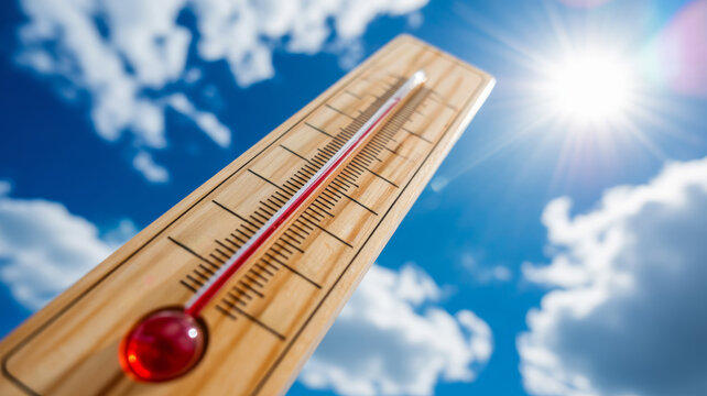 Heat stroke. High temperature thermometer summer heat sun sky hot weather sunlight blue sky,sunstroke,exhaustion,hot weather,heat summer,sun exposure,dehydration in high temperature overheating