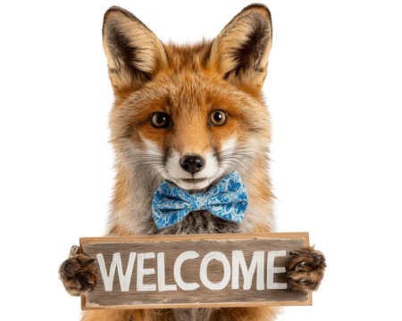 Fox with bowtie holding welcome sign