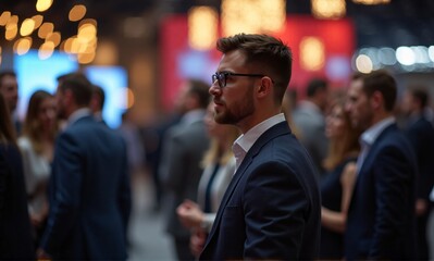 Fototapeta premium A man in a suit and glasses attentively observes an event amidst a bustling crowd of professionals indoors.