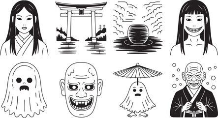 Japanese Yokai Halloween Line Art Icon Set with Ghost Torii Mask Bride and Spirit Characters