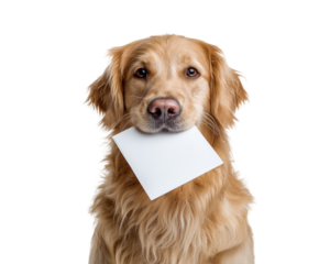 Golden retriever holding note in mouth