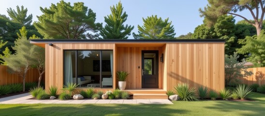 Modular ADU concept. Modern wooden house surrounded by greenery and landscaped garden.