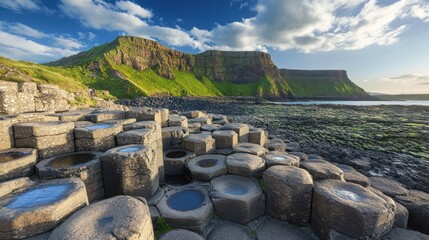 Hexagonal Basalt Columns of Giant's Causeway Landscape, Northern Ireland Coastal Beauty