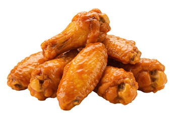 A pile of delicious buffalo chicken wings coated in a glossy orange sauce isolated on transparent background