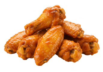 A pile of delicious buffalo chicken wings coated in a glossy orange sauce isolated on transparent background