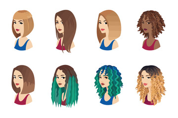 Stylish Hair Styles: A collection of diverse women showcases a range of elegant haircuts and hairstyles, from sleek bobs to flowing locks, designed with a trendy touch.