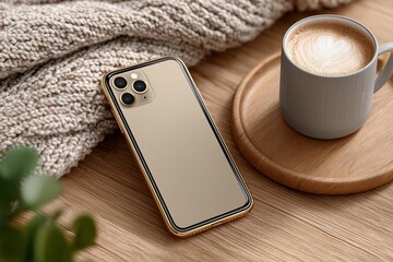 Beige smartphone with gold case on wooden table