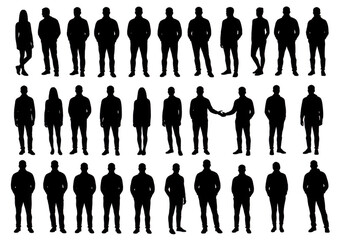 Collection of diverse human silhouettes standing in rows isolated on white background