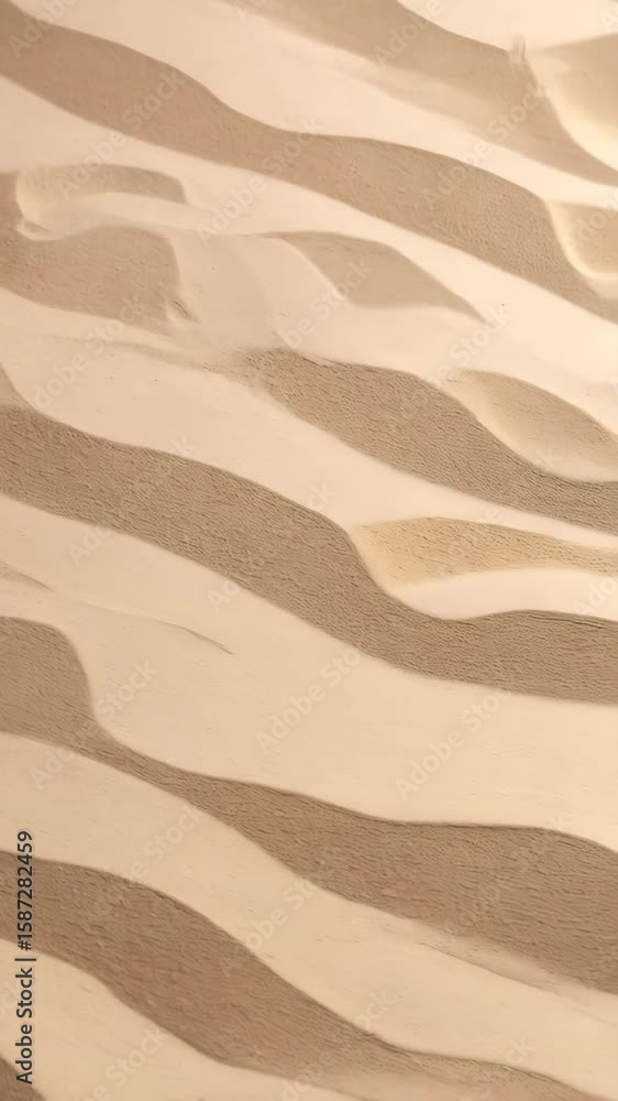 Poster aerial view showing desert dunes with rippled sand pattern in remote dry landscape during sunny day,