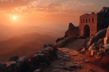 Golden sunrise over ancient stone ruins