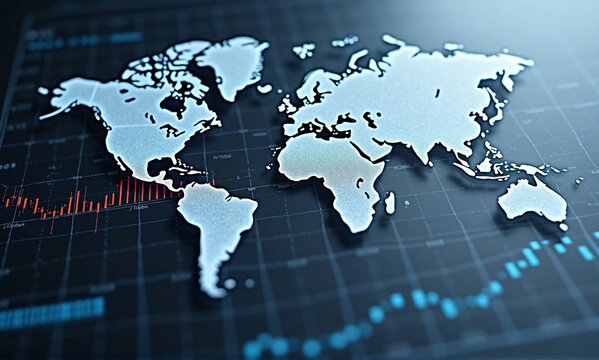A stylized world map rests on a dark background overlaid with dynamic financial graphs, suggesting global market trends and interconnectedness.