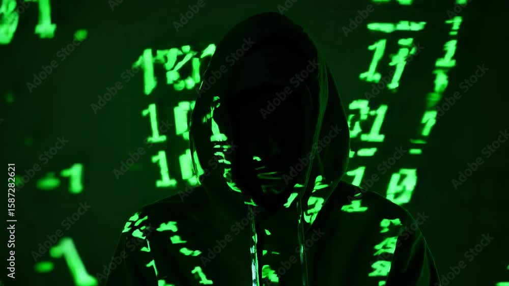 Poster a figure in a hoodie is illuminated against a backdrop of digital code, cybersecurity and hacking. o