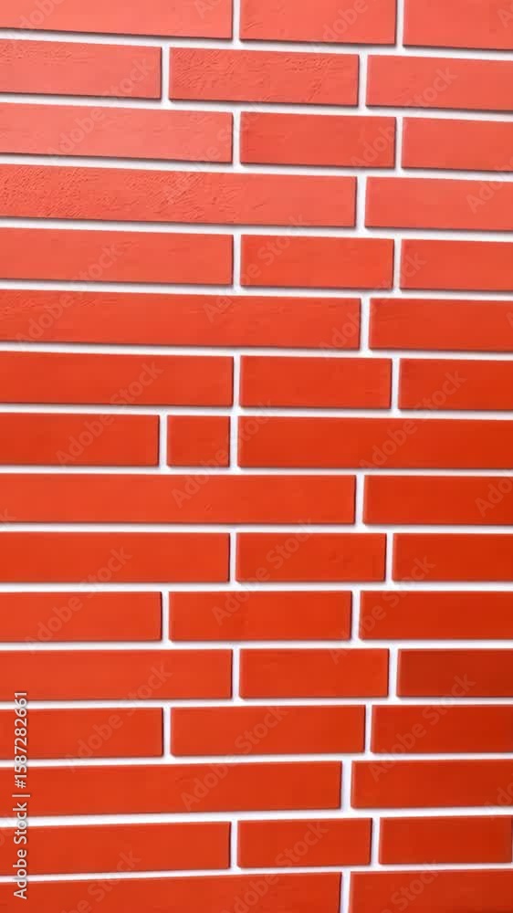 Poster close-up shot of a red and orange colored brick wall with white grout in a running bond pattern, cre