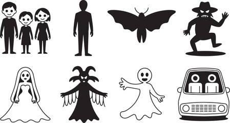 Urban Legend Halloween Line Art Icon Set with Children Mothman Shadow Bride Demon Ghost Car