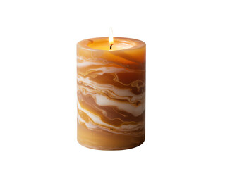 A lit marbled pillar candle with warm brown and white swirls isolated on transparent background