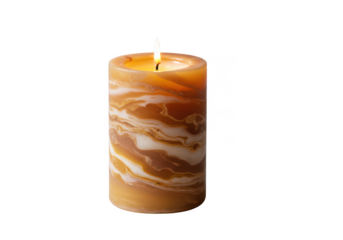 A lit marbled pillar candle with warm brown and white swirls isolated on transparent background