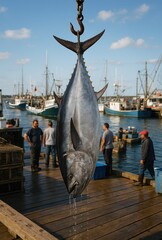 Bluefin tuna hangs at harbor dripping sea water onto dock while fishermen celebrate massive daily catch