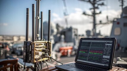 Electronic warfare system with multiple antennas is intercepting signals, displaying real time data analysis on a laptop on the deck of a battleship - Powered by Adobe