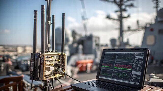 Electronic warfare system with multiple antennas is intercepting signals, displaying real time data analysis on a laptop on the deck of a battleship