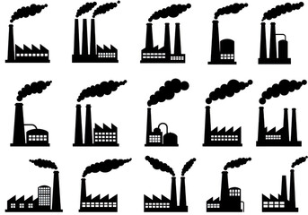 Collection of industrial factory silhouettes with smoke emitting from chimneys isolated on white background
