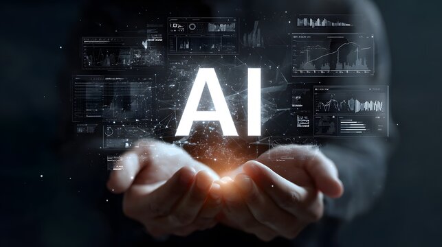 Artificial intelligence represented by data visualizations and text overlaid on hands, suggesting control and future technology.