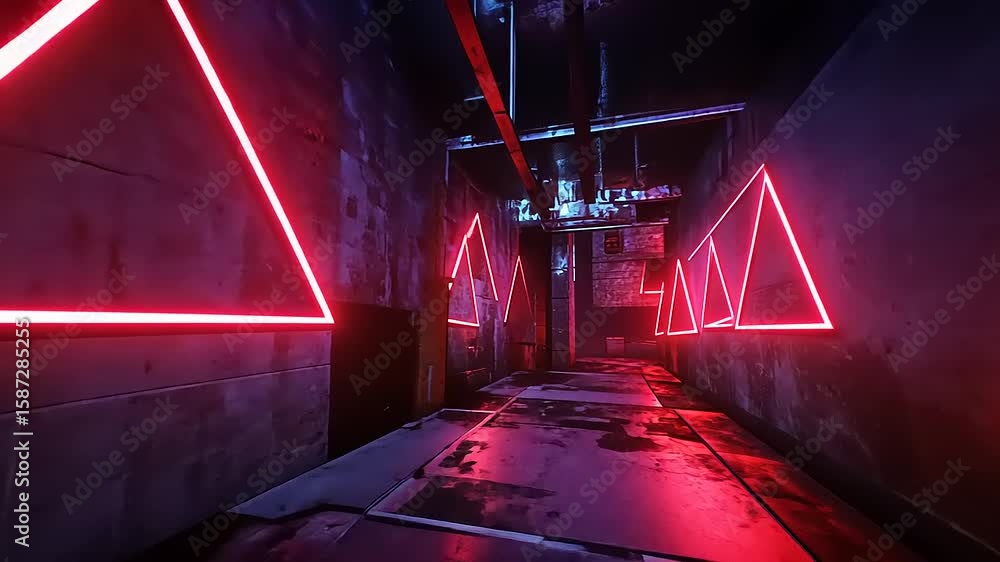 Poster neon-lit corridor with triangular patterns creating an eerie atmosphere in an industrial setting