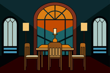 art deco dining room with polished wood and stai