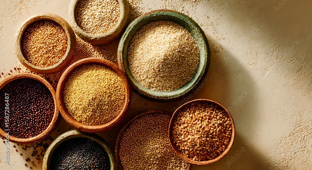 Poster a collection of assorted grains and seeds in rustic clay bowls arranged on a textured beige surface 