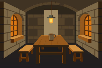 old stone house dining room with wooden bench