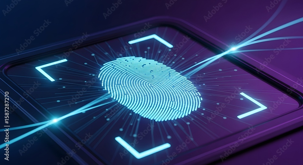 Poster futuristic fingerprint scan. technology security concept, biometric data interface with neon lines a