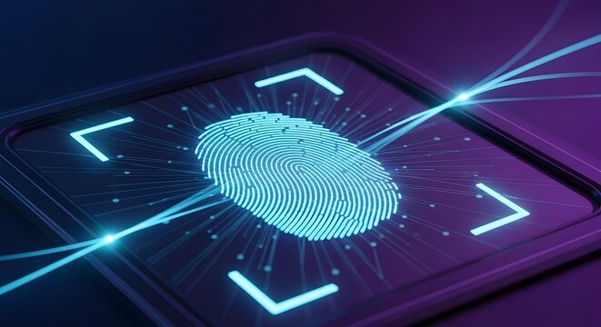 Futuristic fingerprint scan. Technology security concept, Biometric data interface with neon lines and digital authentication. 