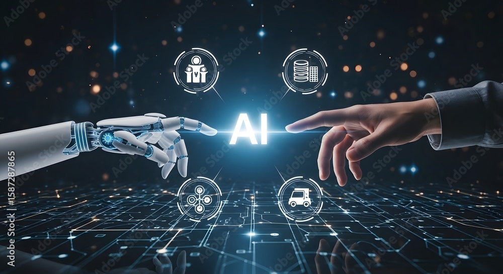 Poster a futuristic depiction of artificial intelligence with robotic and human hands touching. the image i