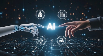 A futuristic depiction of artificial intelligence with robotic and human hands touching. The image is set against a tech backdrop with icons.