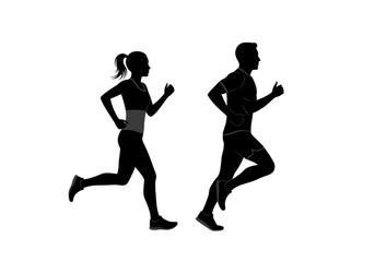 Male and female silhouettes running together in athletic wear isolated on white background