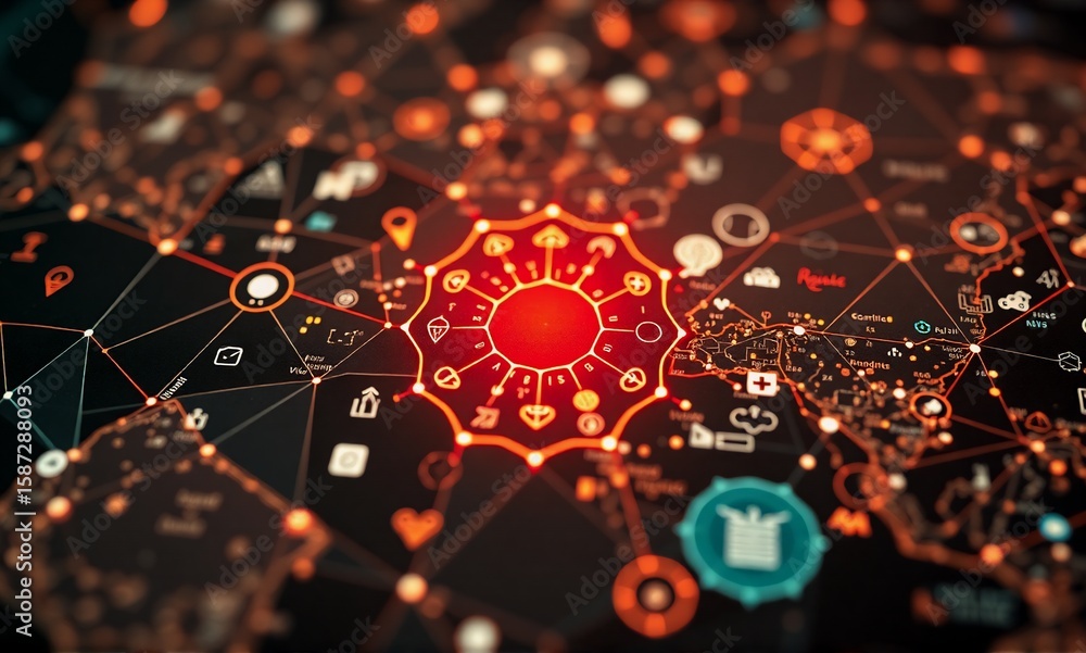 Poster intricate network visualization. a central virus icon is connected to numerous nodes representing gl