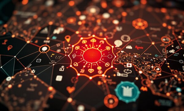 Intricate network visualization.  A central virus icon is connected to numerous nodes representing global spread and interconnectedness.  The color scheme is predominantly dark with fiery orange accen