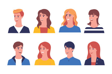 Diverse Portrait Collection: A vibrant collection of eight stylized portraits, each showcasing a unique individual with a warm smile and diverse hairstyles and skin tones.