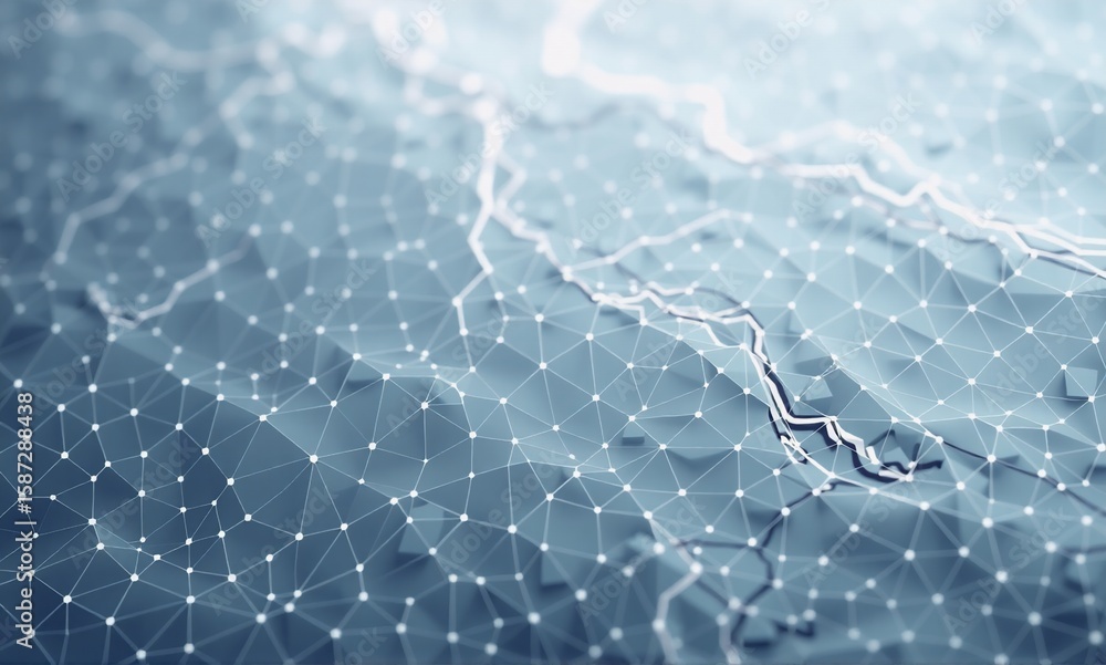 Poster abstract digital landscape. a textured, blue-grey surface is overlaid with a network of glowing whit