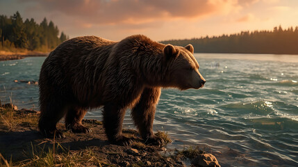 Photorealistic Brown Bear at Riverbank During Sunset – Cinematic Wildlife Scen