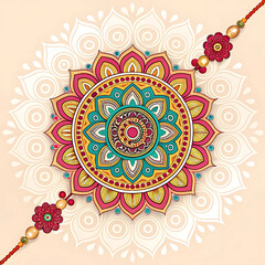 Festive Rakhi Design: An intricately designed Rakhi, embodying the essence of sibling love and protection, set against a backdrop of a mandala, rich in symbolism and tradition.